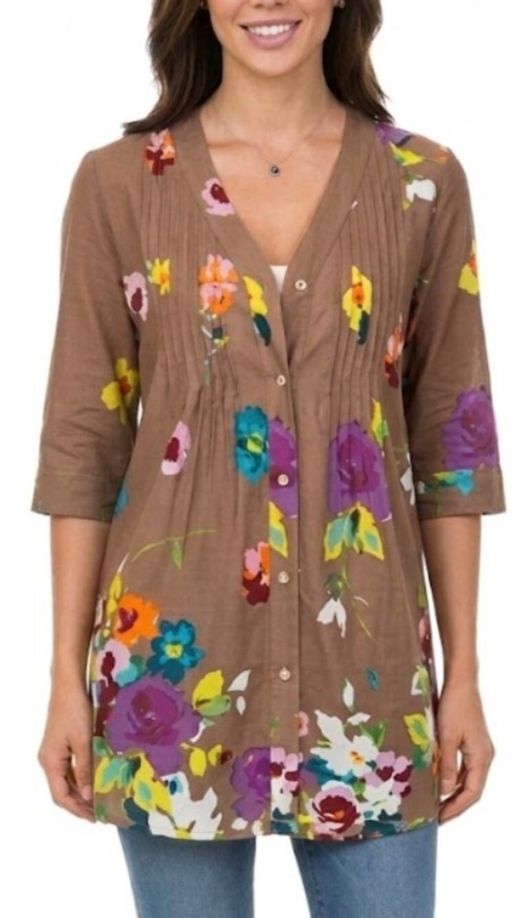 SOFT SURROUNDINGS Floral Tunic Top 3/4 Sleeve Button Front Brown Multi Womens M